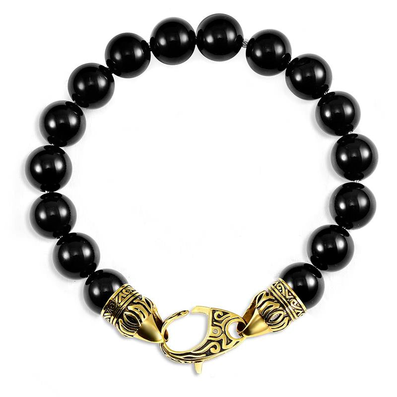10mm Polished Black Onyx Bead Bracelet with Stainless Steel Antiqued Lobster Clasp