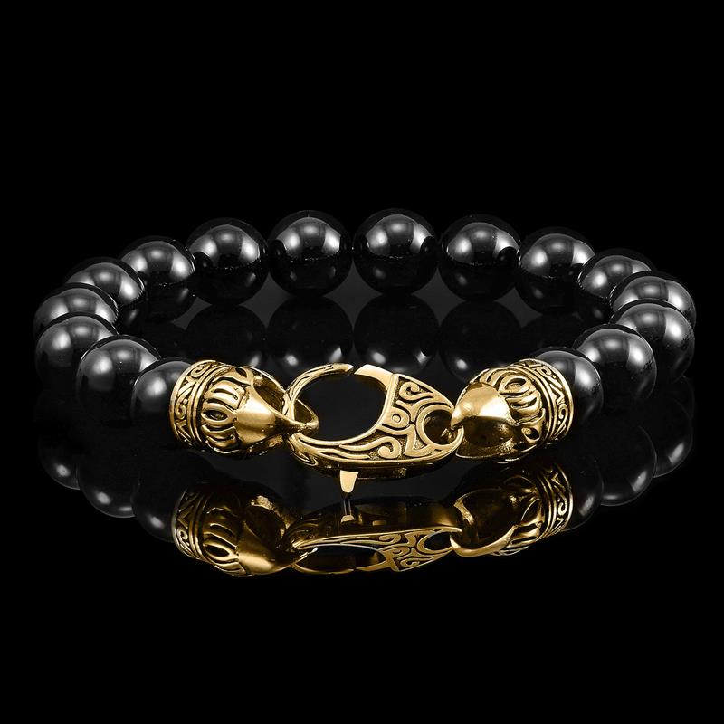 Crucible Los Angeles 10mm Polished Black Onyx Bead Bracelet with Gold IP Stainless Steel Antiqued Lobster Clasp