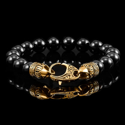 Crucible Los Angeles 10mm Polished Black Onyx Bead Bracelet with Gold IP Stainless Steel Antiqued Lobster Clasp