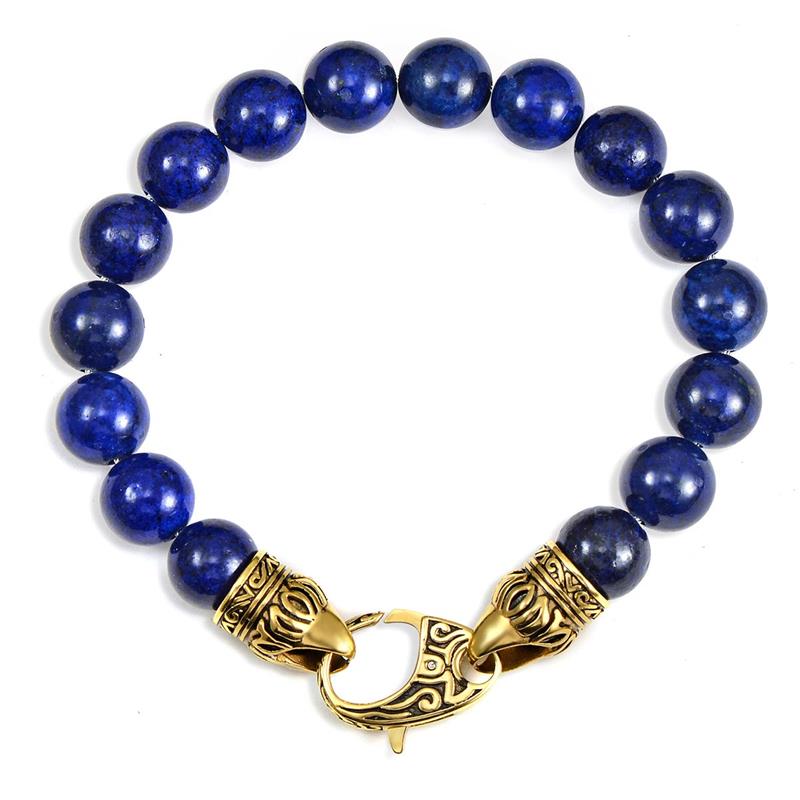 Crucible Los Angeles 10mm Lapis Lazuli Bead Bracelet with Gold IP Stainless Steel Antiqued Lobster Clasp