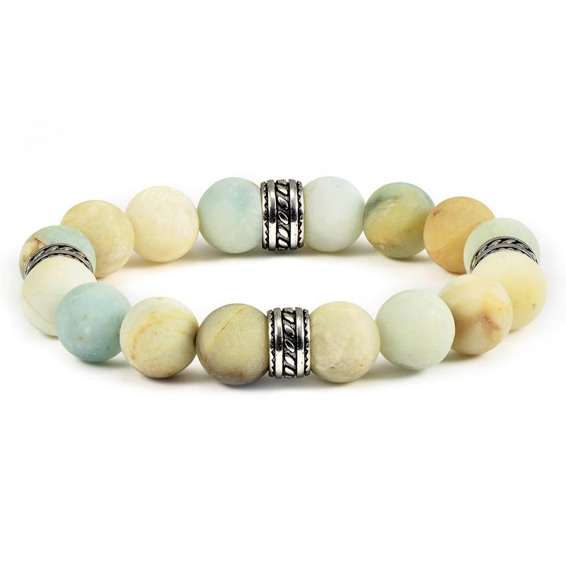 Crucible Los Angeles 12mm Matte Amazonite Bead Stretch Bracelet with Stainless Steel Tribal Accent Beads