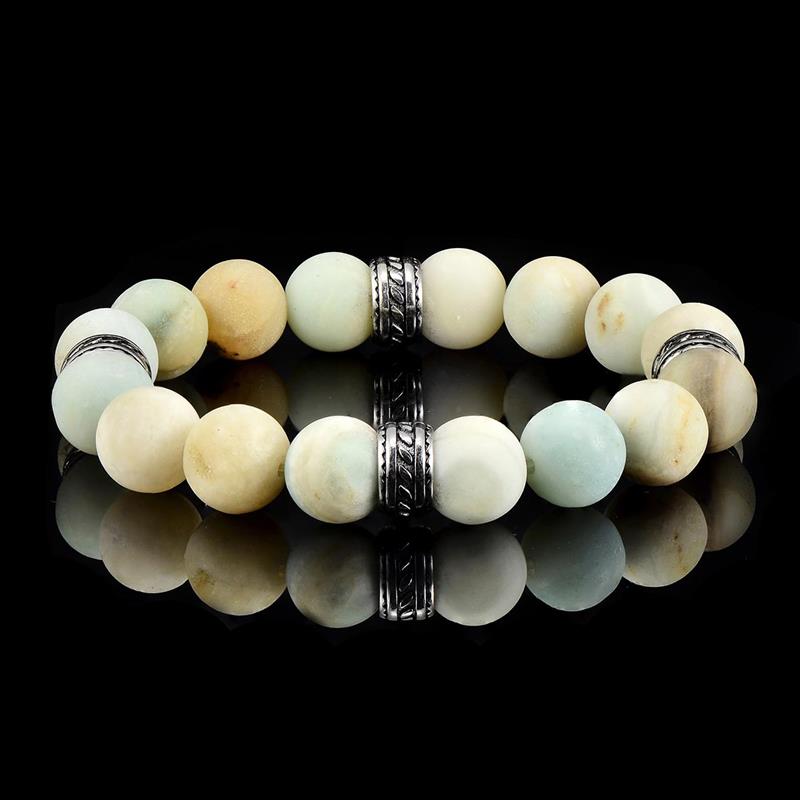 12mm Matte Amazonite Bead Stretch Bracelet with Stainless Steel Tribal Accent Beads