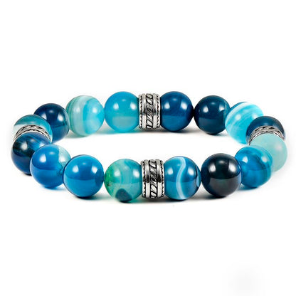 12mm Blue Banded Agate Bead Stretch Bracelet with Stainless Steel Tribal Accent Beads