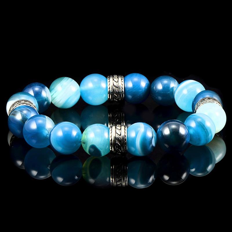 12mm Blue Banded Agate Bead Stretch Bracelet with Stainless Steel Tribal Accent Beads