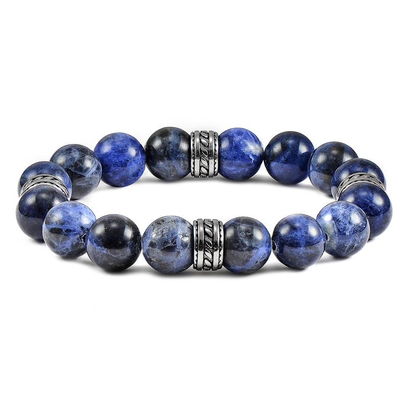 12mm Sodalite Bead Stretch Bracelet with Stainless Steel Tribal Accent Beads