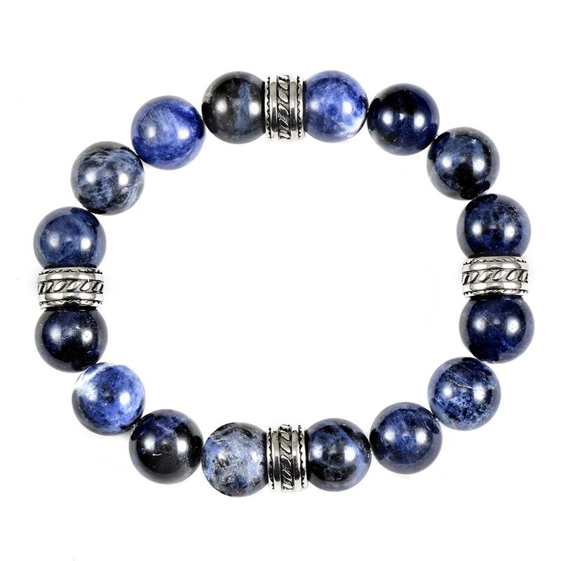 12mm Sodalite Bead Stretch Bracelet with Stainless Steel Tribal Accent Beads