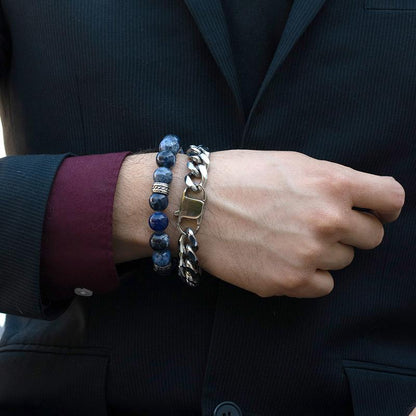 Crucible Los Angeles 12mm Sodalite Bead Stretch Bracelet with Stainless Steel Tribal Accent Beads