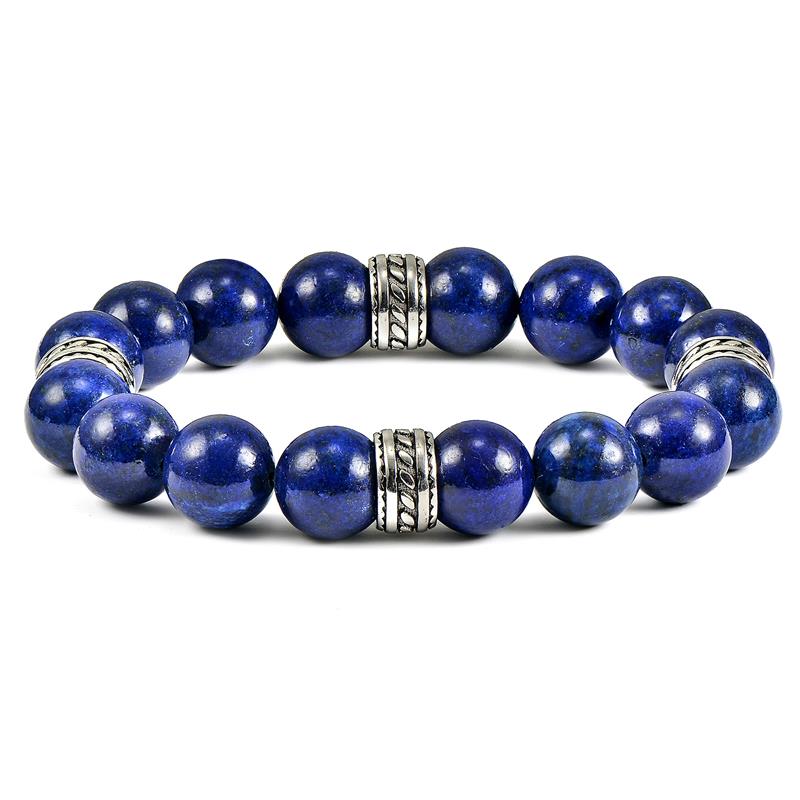 12mm Lapis Lazuli Bead Stretch Bracelet with Stainless Steel Tribal Accent Beads