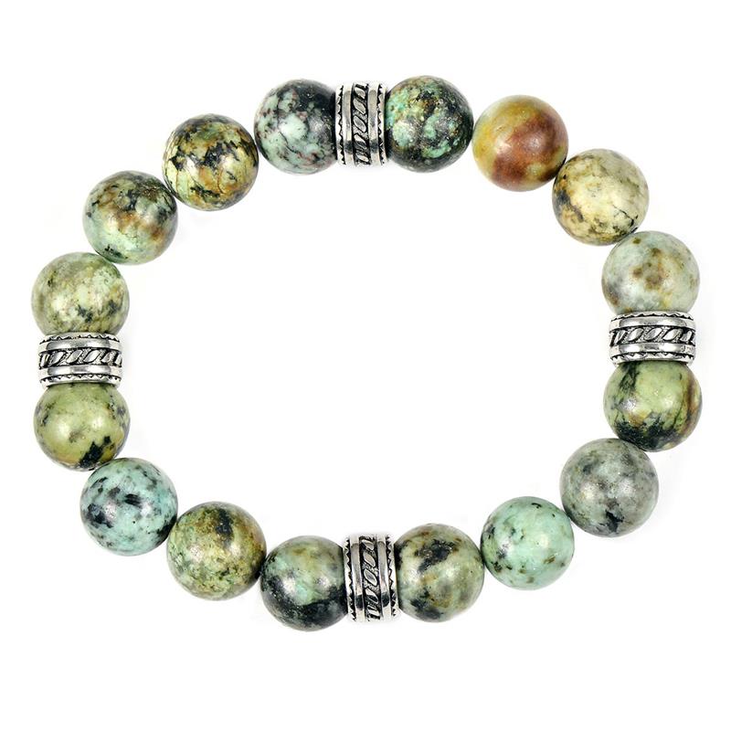 Crucible Los Angeles 12mm African Turquoise Bead Stretch Bracelet with Stainless Steel Tribal Accent Beads