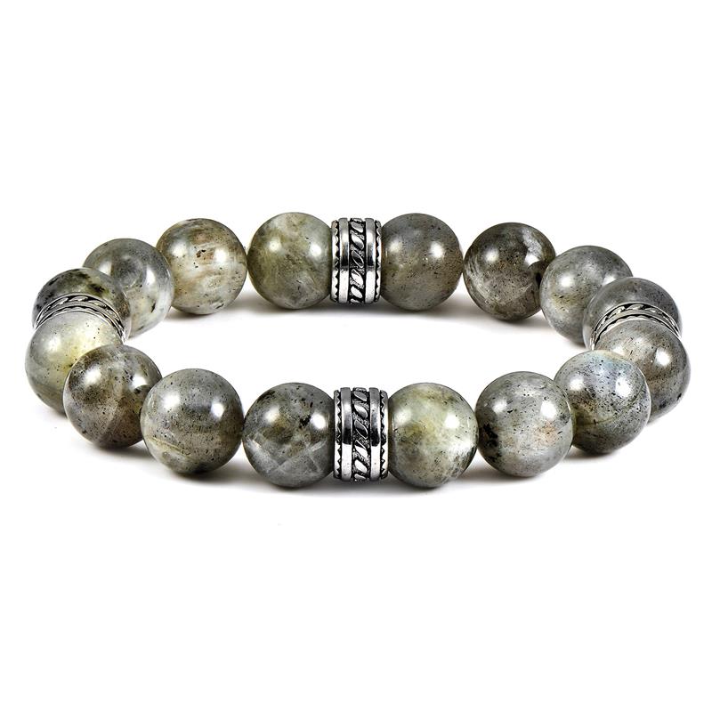 Crucible Los Angeles 12mm Labradorite Bead Stretch Bracelet with Stainless Steel Tribal Accent Beads