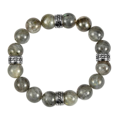12mm Labradorite Bead Stretch Bracelet with Stainless Steel Tribal Accent Beads