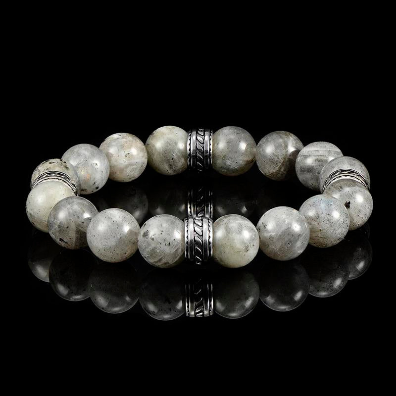 Crucible Los Angeles 12mm Labradorite Bead Stretch Bracelet with Stainless Steel Tribal Accent Beads