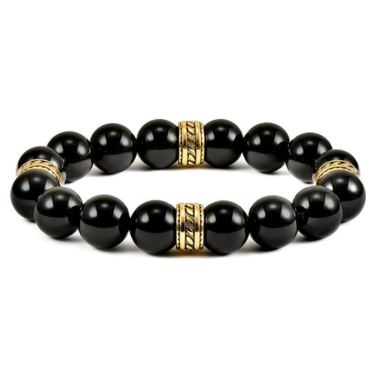 12mm Polished Black Onyx Bead Stretch Bracelet with Gold IP Stainless Steel Tribal Accent Beads