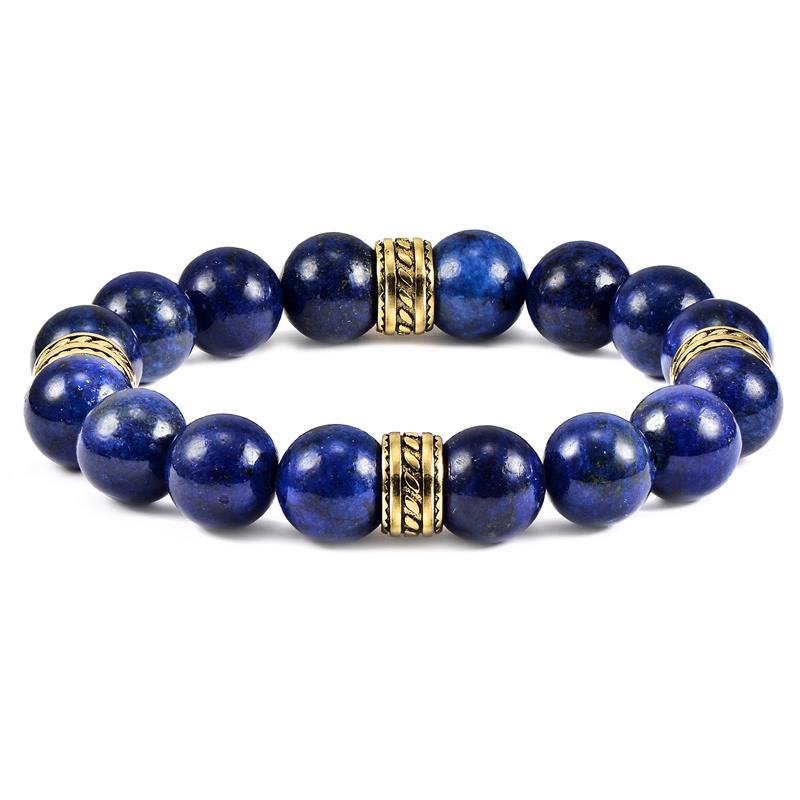 Crucible Los Angeles 12mm Lapis Lazuli Bead Stretch Bracelet with Gold IP Stainless Steel Tribal Accent Beads