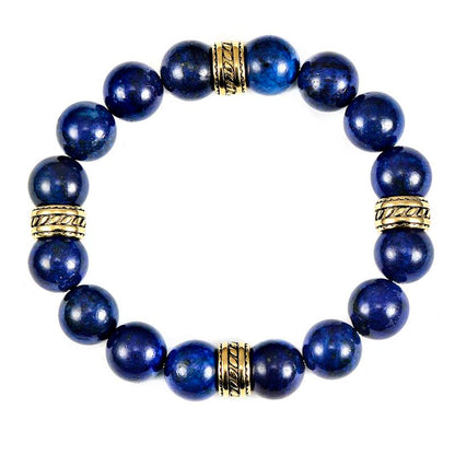 Crucible Los Angeles 12mm Lapis Lazuli Bead Stretch Bracelet with Gold IP Stainless Steel Tribal Accent Beads