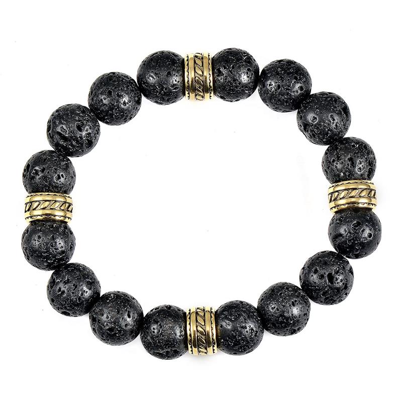 12mm Lava Bead Stretch Bracelet with Gold IP Stainless Steel Tribal Accent Beads