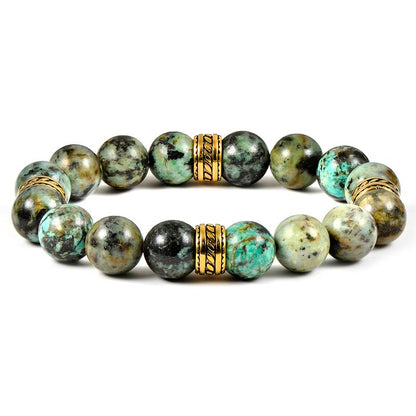 Crucible Los Angeles 12mm African Turquoise Bead Stretch Bracelet with Gold IP Stainless Steel Tribal Accent Beads