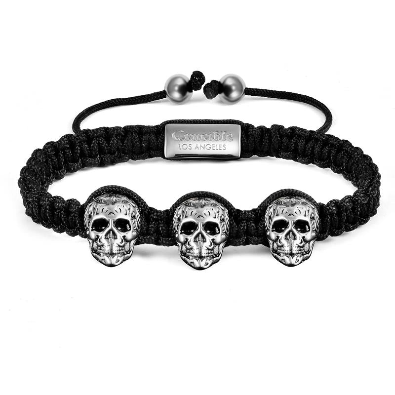 Crucible Los Angeles Three Skulls on Shocker Tie Woven Bracelet