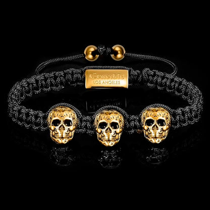 Crucible Los Angeles Three Gold IP Skulls on Shocker Tie Woven Bracelet