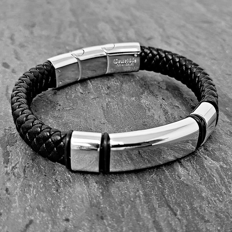 Black Leather and Stainless Steel Engravable Bracelet