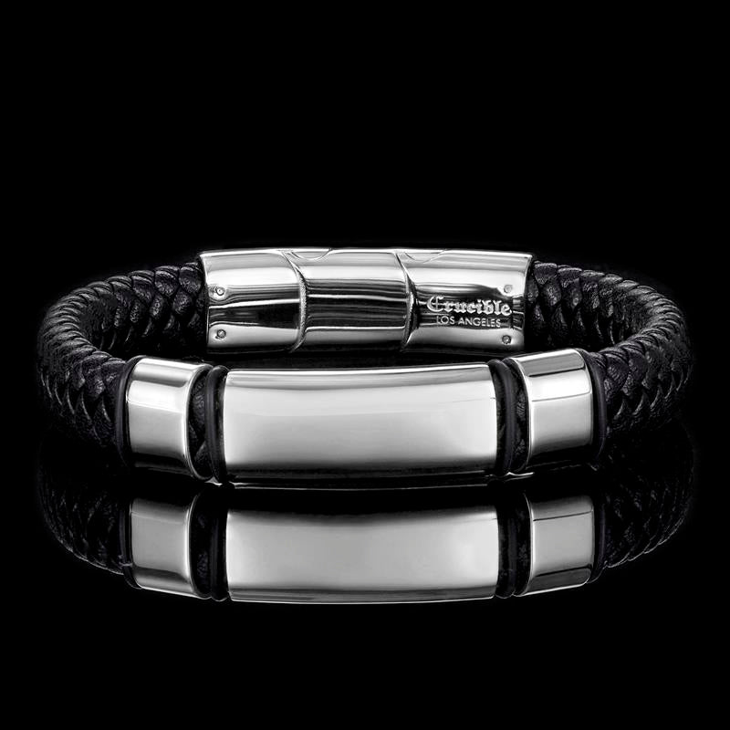 Crucible Los Angeles Black Leather and Stainless Steel Engravable ID Bracelet