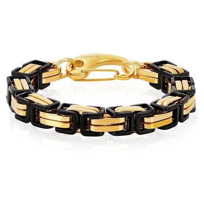 Crucible Los Angeles Gold/Black Stainless Steel Byzantine Chain Bracelet 11mm Wide