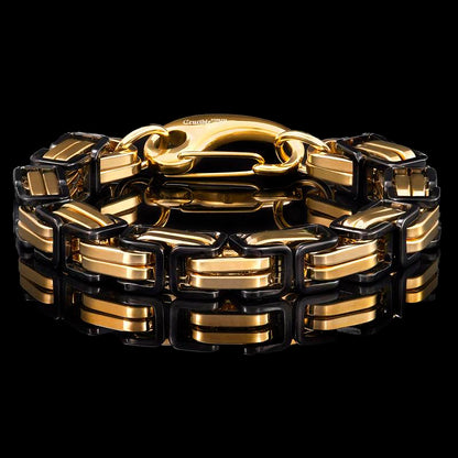 Crucible Los Angeles Gold/Black Stainless Steel Byzantine Chain Bracelet 11mm Wide