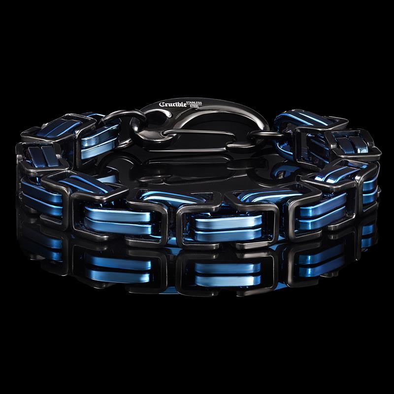 Blue/Black Stainless Steel Byzantine Chain Bracelet 11mm Wide