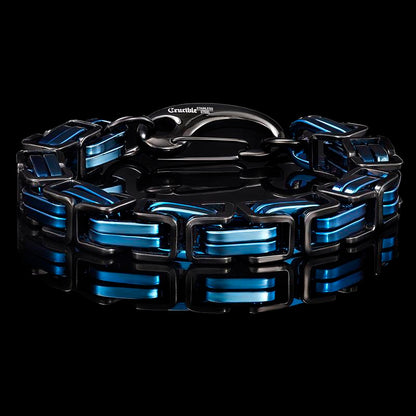 Crucible Los Angeles Blue/Black Stainless Steel Byzantine Chain Bracelet 11mm Wide
