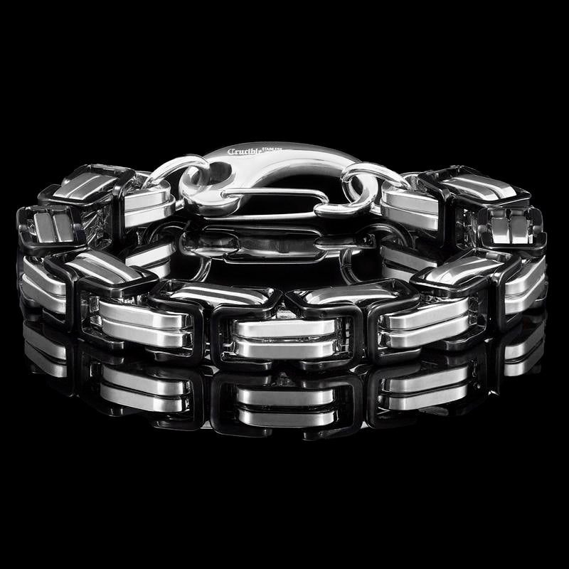Crucible Los Angeles Black/White Stainless Steel Byzantine Chain Bracelet 11mm Wide
