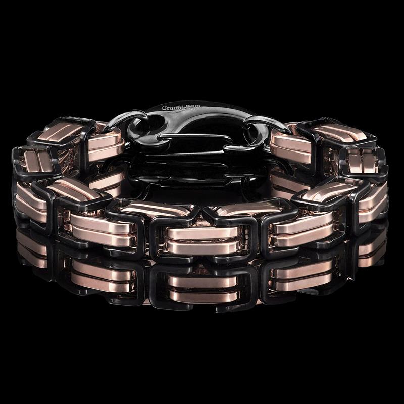 Crucible Los Angeles Black/Rose Gold Stainless Steel Byzantine Chain Bracelet 11mm Wide