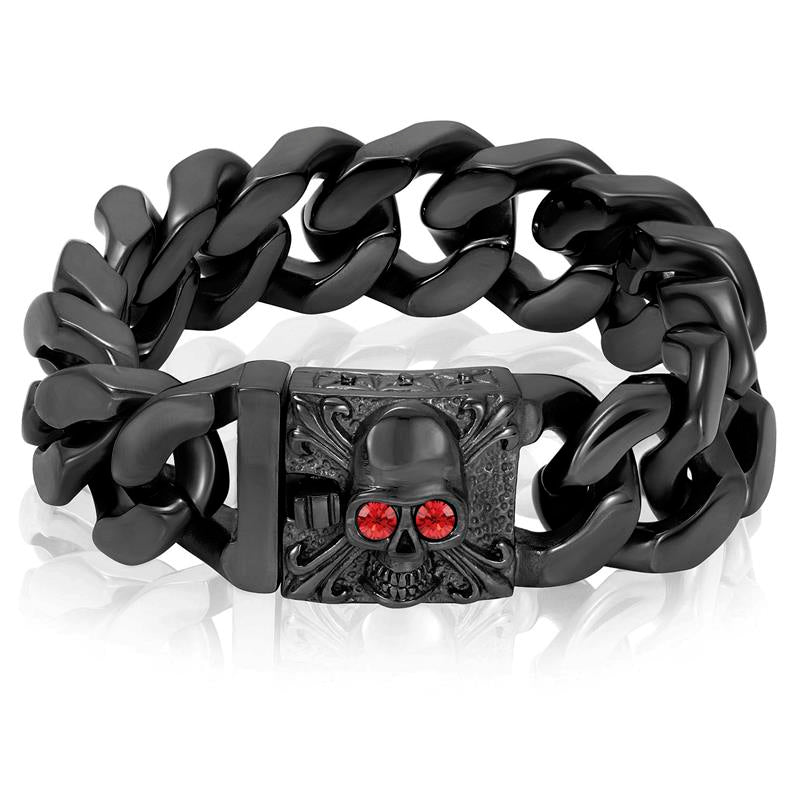 Crucible Los Angeles Black Plated Stainless Steel Skull With Red CZ Eyes