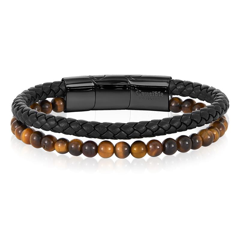 Tiger Eye Stone Bead and Leather Bracelet - 8.25" + 0.5" Ext