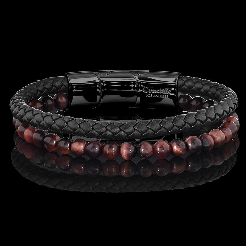 Crucible Natural Stone Bead Black Leather Bracelet - 8.25" + 0.5" Ext