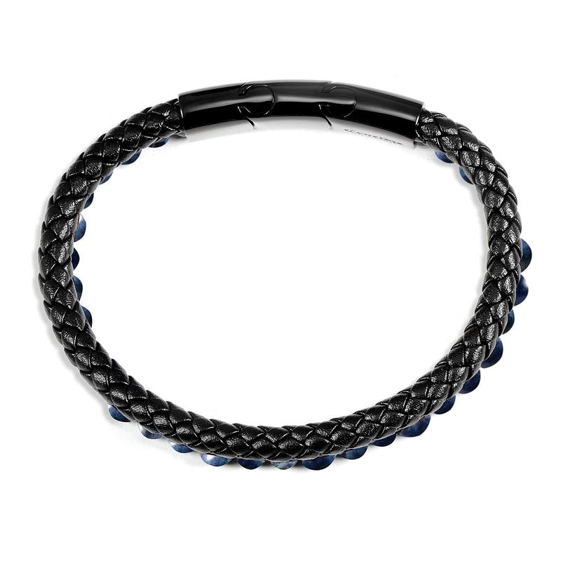 Sodalite Stone Bead and Leather Bracelet - 8.25" + 0.5" Ext