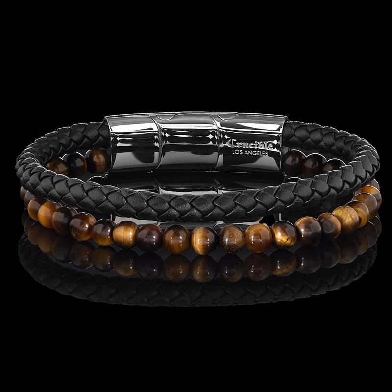 Tiger Eye Stone Bead and Leather Bracelet - 8.25" + 0.5" Ext