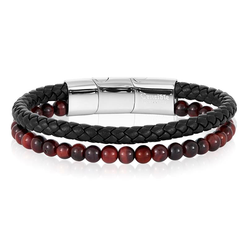 Red Tiger Eye Stone Bead and Leather Bracelet - 8.25" + 0.5" Ext