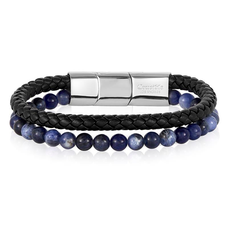 Sodalite Stone Bead and Leather Bracelet - 8.25" + 0.5" Ext