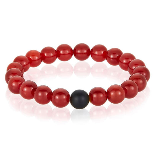 Polished Red Agate and Black Matte Onyx 10mm Natural Stone Bead Stretch Bracelet