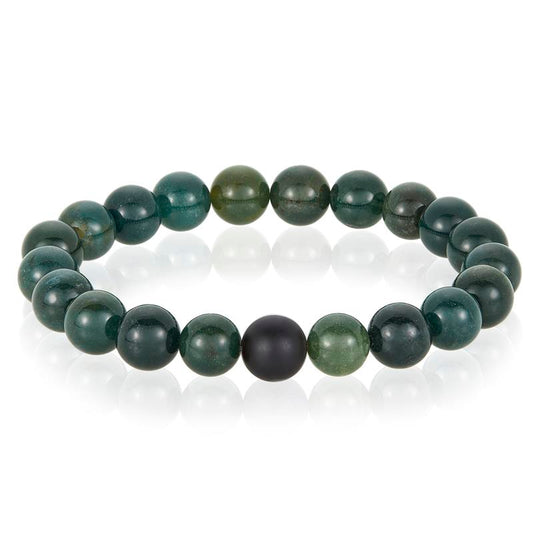 Polished Moss Agate and Black Matte Onyx 10mm Natural Stone Bead Stretch Bracelet