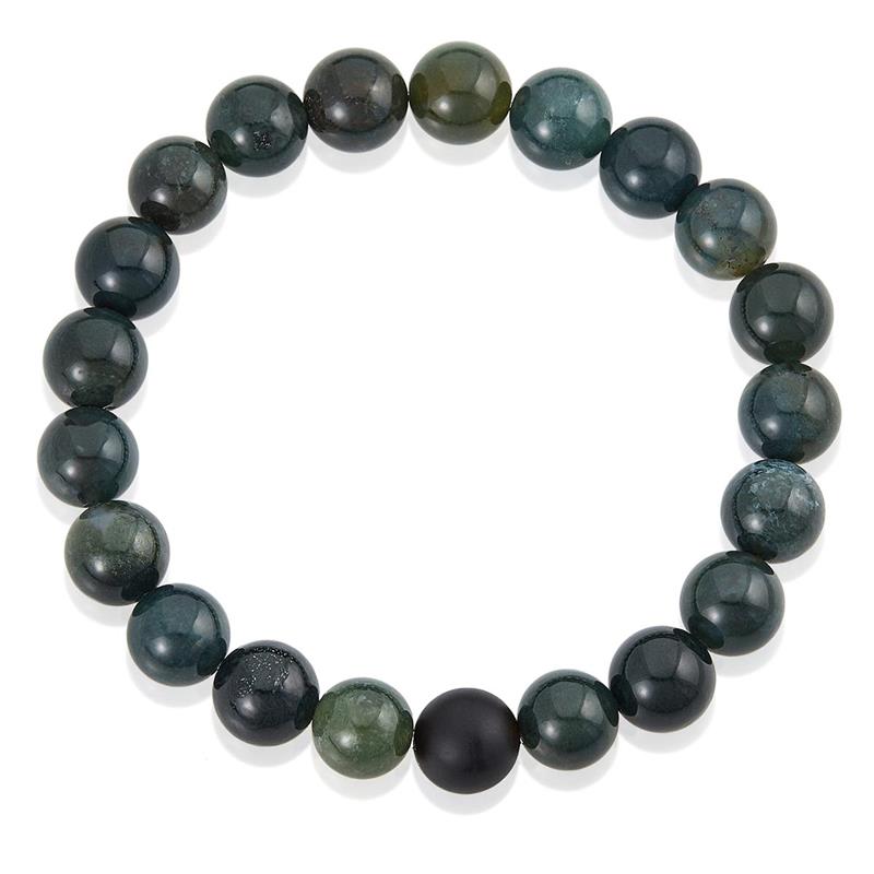 Polished Moss Agate and Black Matte Onyx 10mm Natural Stone Bead Stretch Bracelet