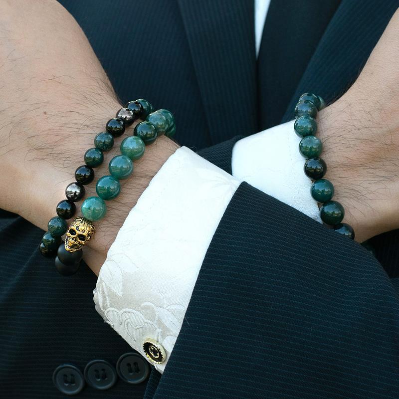 Crucible Los Angeles Polished Moss Agate and Black Matte Onyx 10mm Natural Stone Bead Stretch Bracelet