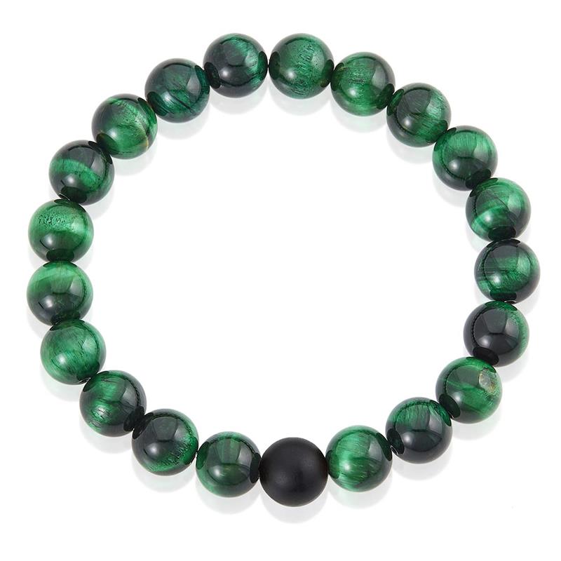 Polished Green Tiger Eye and Black Matte Onyx 10mm Natural Stone Bead Stretch Bracelet