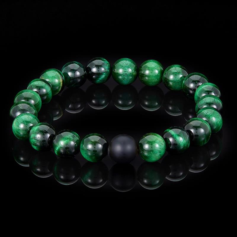 Crucible Los Angeles Polished Green Tiger Eye and Black Matte Onyx 10mm Natural Stone Bead Stretch Bracelet