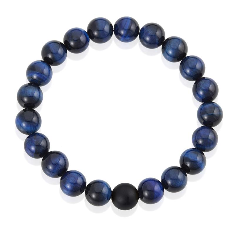 Polished Blue Tiger Eye and Black Matte Onyx 10mm Natural Stone Bead Stretch Bracelet