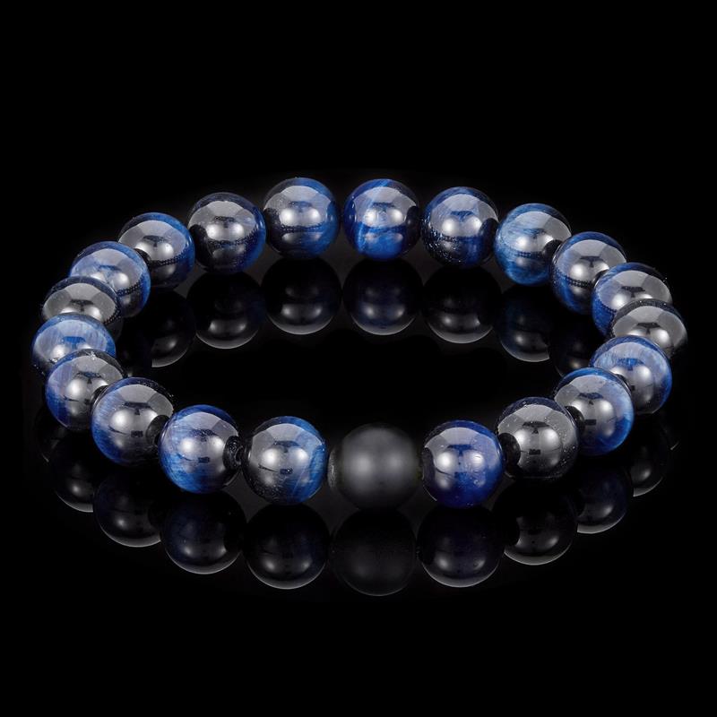 Polished Blue Tiger Eye and Black Matte Onyx 10mm Natural Stone Bead Stretch Bracelet