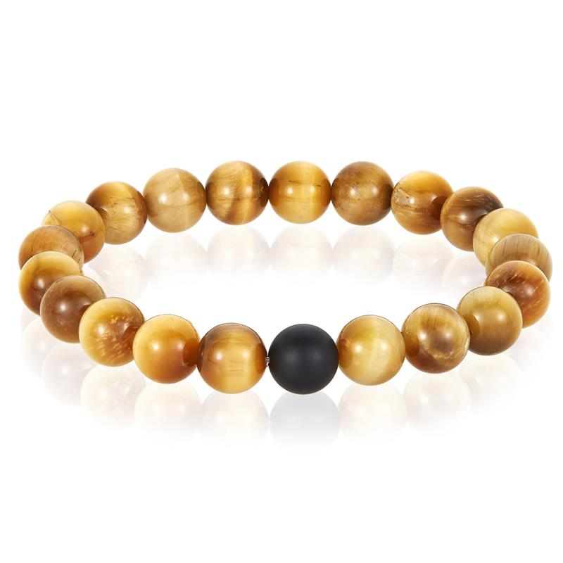 Crucible Los Angeles Polished Gold Tiger Eye and Black Matte Onyx 10mm Natural Stone Bead Stretch Bracelet