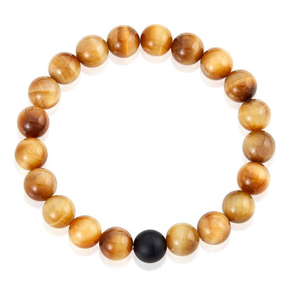 Crucible Los Angeles Polished Gold Tiger Eye and Black Matte Onyx 10mm Natural Stone Bead Stretch Bracelet