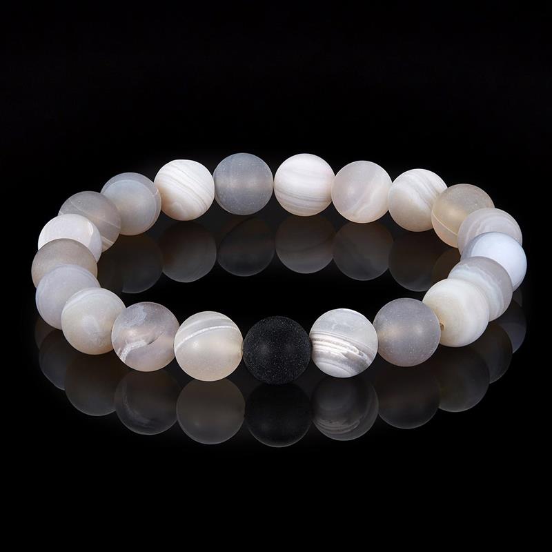 Crucible Los Angeles Light Grey Matte Agate and Black Matte Onyx 10mm Natural Stone Bead Stretch Bracelet