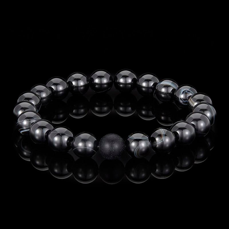 Crucible Los Angeles Polished Black Banded Agate and Black Matte Onyx 10mm Natural Stone Bead Stretch Bracelet